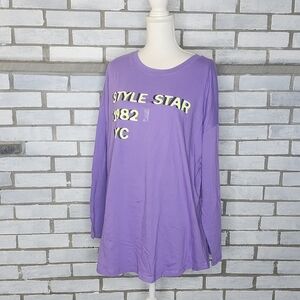 • New Flirtitude Active Junior's Long Sleeve T-Shirt Plus Size 1X Purple Stars